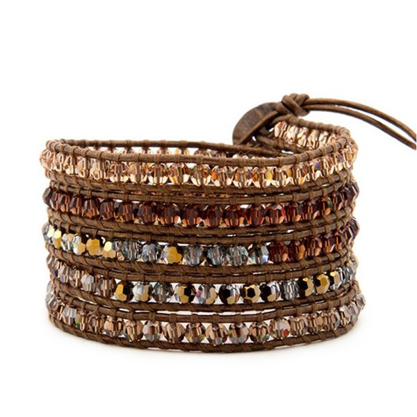 Brown & Champagne Stones on Brown Leather Wrap Bracelet